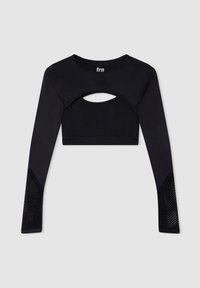 Maglietta cropped nera a maniche lunghe con un dettaglio a taglio sul petto e pannelli in rete sulle maniche. Realizzata in materiale elastico e traspirante.