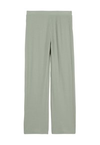 Pantalons larges en jersey côtelé vert clair avec une taille élastique, présentant une texture lisse et des rainures verticales sur l'ensemble du tissu.
