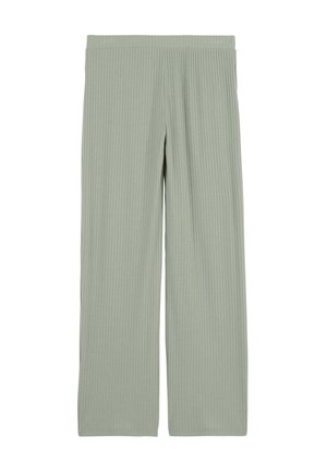 Pantalons larges en jersey côtelé vert clair avec une taille élastique, présentant une texture lisse et des rainures verticales sur l'ensemble du tissu.