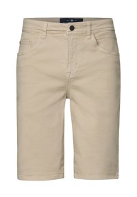 Beige denim šortky s rovnou siluetou, pěti kapsami, zapínáním na knoflík a prošitými detaily. Hladká textura a design až ke kolenům.