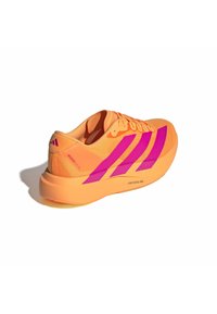 Orange Adidas running shoe with pink stripes, lace-up design, and "Lightstrike Pro" sole, shown from rear side on white background.