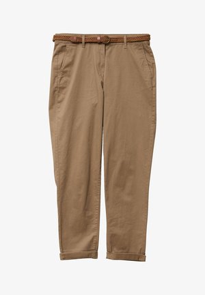 Beżowe spodnie chino z plecionym brązowym paskiem. Posiadają cztery kieszenie i podwinięte mankiety. Wykonane z gładkiej tkaniny o lekkiej strukturze.