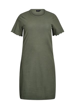 Vestito corto a coste verde oliva con scollo tondo e maniche corte con bordi smerlati.