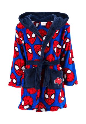 Kinder-Bademantel in Blau mit roten Spider-Man-Gesichtsprints, dunkelblauem Kapuzen, Gürtel und Fronttaschen, eine Tasche mit einem roten Spinnen-Patch.