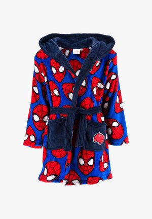 Children’s blue bathrobe with red Spider-Man face prints, dark blue hood, belt, and front pockets, one pocket with a red spider patch.