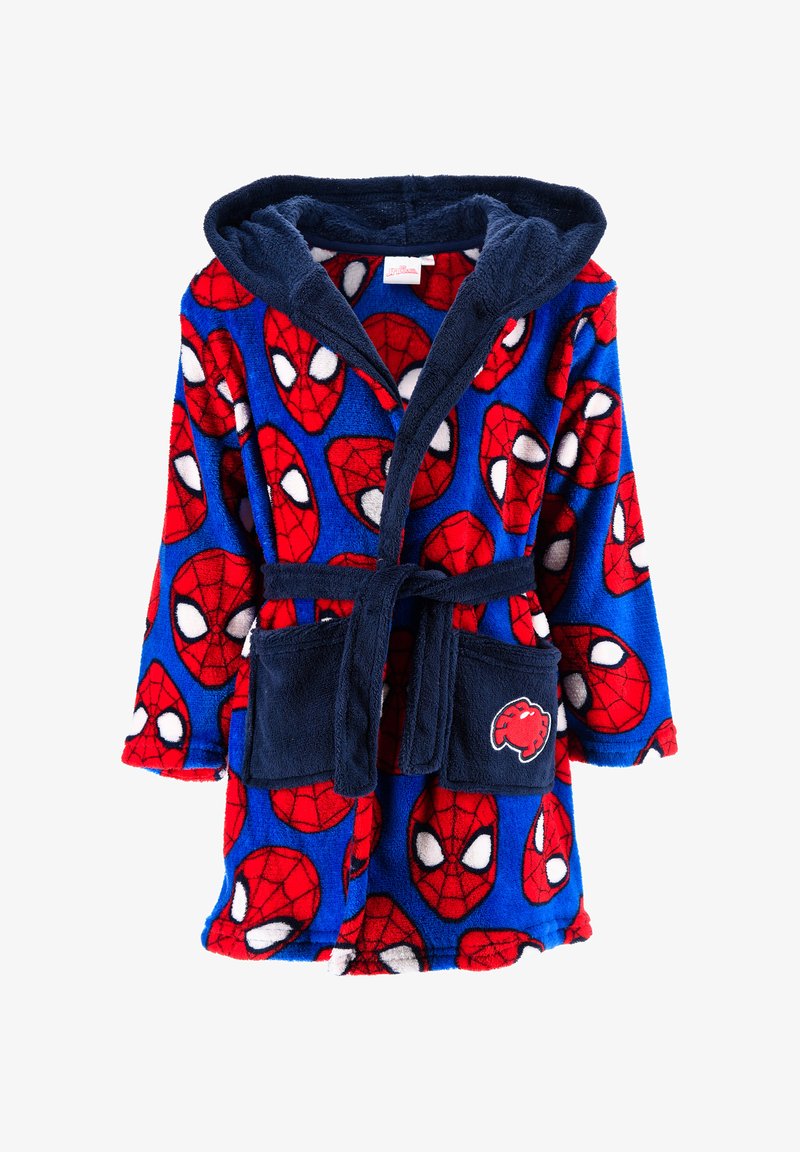 Children’s blue bathrobe with red Spider-Man face prints, dark blue hood, belt, and front pockets, one pocket with a red spider patch.