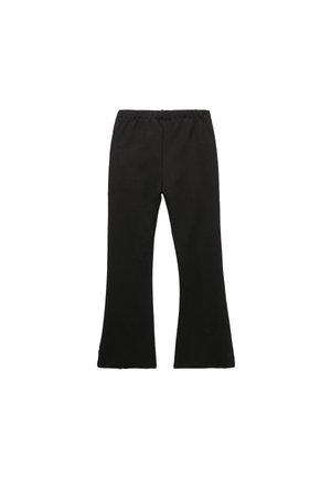 Sorte flared bukser lavet af blødt, strækbart stof; har en elastisk talje og en glat, ensartet tekstur uden mønstre eller detaljer.