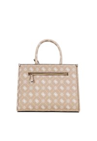 Bolso de mano beige hecho de material texturizado, que presenta un patrón blanco repetido, un asa superior y un bolsillo con cremallera frontal con herrajes plateados.