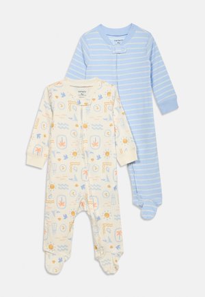 Dva dječja kombinezona s nogavicama, jedan svijetloplavi s bijelim prugama, drugi krem boje s narančastim i plavim uzorcima u prirodnom stilu, oba s patentnim zatvaračem sprijeda.