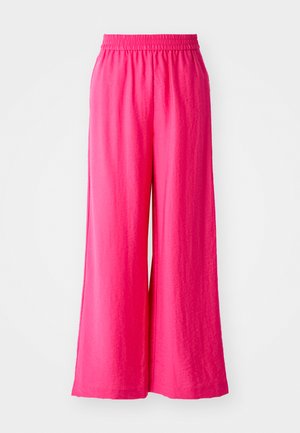 Wide-leg, pink pants with an elastic waistband, crafted from lightweight fabric. Smooth texture with subtle creases for a relaxed fit.