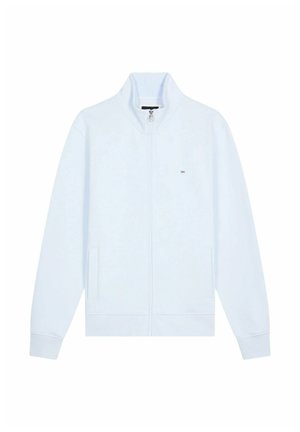 Veste zippée bleu clair en tissu doux. Dispose d'un col haut, de deux poches avant, de poignets côtelés et d'un petit logo sur la poitrine.