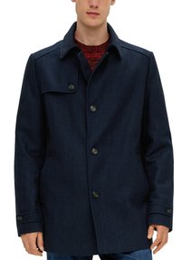 Donkerblauwe wollen jas met een visgraatmotief, voorzien van een reverskraag, knoopsluitingen en zijzakken. Casual ontwerp met een gestructureerde stof.