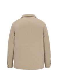 Beige jacket with long sleeves, buttoned cuffs, and a stitched horizontal seam across the back, shown from behind on a white background.