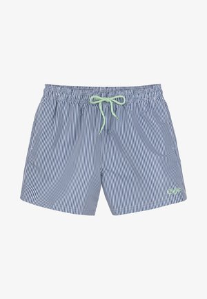 Jūrų karininko mėlynos ir baltos juostelės maudymosi šortai su elastinga juosmens juosta, mėtos žalios spalvos raišteliu ir šoninėmis kišenėmis. Pabrėžtas logotipo akcentas.