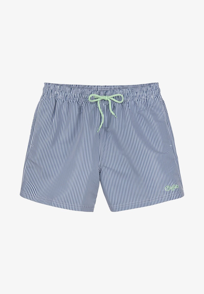 Jūrų karininko mėlynos ir baltos juostelės maudymosi šortai su elastinga juosmens juosta, mėtos žalios spalvos raišteliu ir šoninėmis kišenėmis. Pabrėžtas logotipo akcentas.