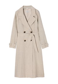 Beige linen trench coat with a double-breasted front, waist tie, and rolled-up cuffs. Features two side pockets and black buttons.