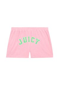 Shorts en velours rose au toucher doux. Présentent une inscription "JUICY" en lettres vertes dans un design en arc sur le devant. Taille élastique pour plus de confort.