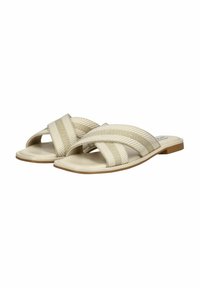 Beige slipper sandalen met gekruiste stoffen banden. De banden hebben een textuurpatroon. Zachte zool en een lage, vlakke bruine loopzool.