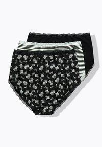 Trois paires de sous-vêtements pour femmes : une avec un imprimé floral, une rayée et une noire unie. Chacune est dotée d'une finition en dentelle au niveau de la taille.