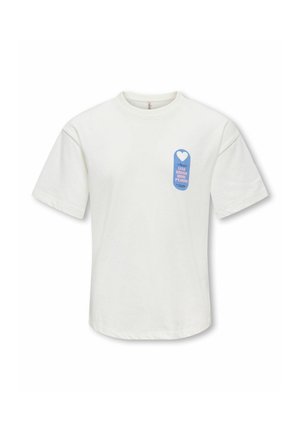 White short-sleeve t-shirt with round neck and small blue graphic on left chest reading "Less drama more pyjama" with a heart above.