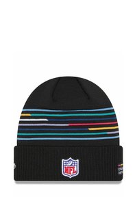 Black knit beanie with colorful horizontal striped pattern. Features NFL logo patch on the front and ribbed cuff for warmth.