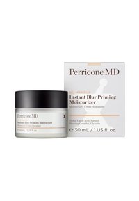 Perricone MD Instant Blur Priming Moisturizer in einem runden Glasbehälter mit schwarzem Deckel. Begleitet von einer quadratischen weißen Box mit orangefarbenen Akzenten.