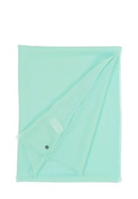 Une écharpe vert menthe clair en tissu doux et léger, avec des bords frangés et un petit accent métallique en logo.