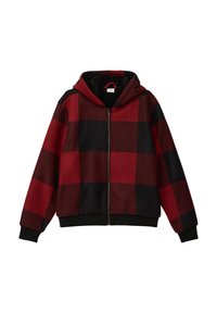 Czerwona i czarna kraciasta bluza z zamkiem błyskawicznym z kapturem, z miękką podszewką wewnętrzną, ściągaczami przy mankietach i u dołu, wykonana z tkaniny z domieszką wełny.