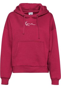 Fuchsia-farbener Kapuzenpullover aus weichem Stoff, mit einer Fronttasche, gerippten Bündchen und einem weißen, auf der Brust gestickten Logo.