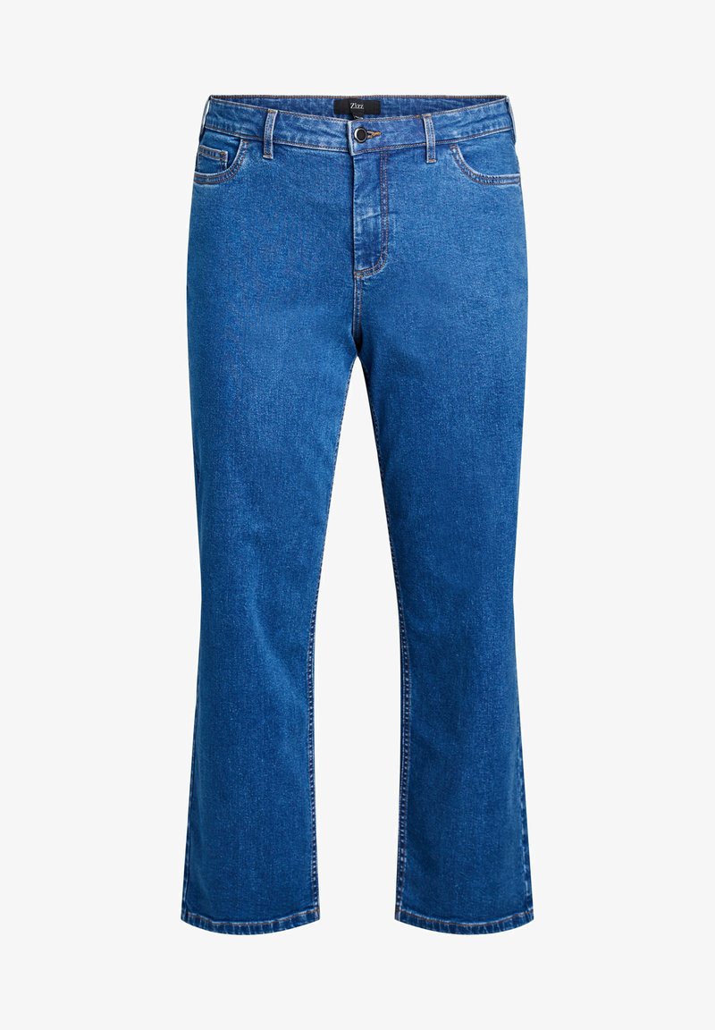 Mėlynos džinsinės kelnės su tiesiomis kojomis, penkių kišenių stilius, užtrauktukas ir sagos uždarymas, taip pat kontrastingos siūlės.