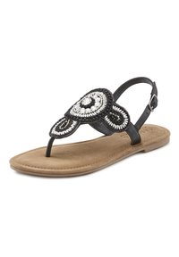 Sandalo in thong nero con perline, dotato di una decorazione centrale con intricati lavori di perline e strass, posato su una soletta di similpelle marrone.