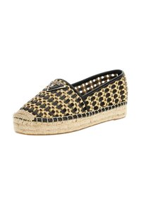 Crni i zlatni tkani espadril s potplatom od jute, zaobljenim vrhom i logom sprijeda. Otvoren dizajn za prozračnost.