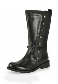 Bota de cuero negro hasta la rodilla con panel lateral de ante, adornos de remaches plateados, puntera redondeada y tacón bajo apilado. Los acentos texturizados realzan el diseño.