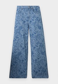 Jean bleu à jambes larges avec une taille haute présentant un motif cachemire complexe et un design classique à cinq poches.