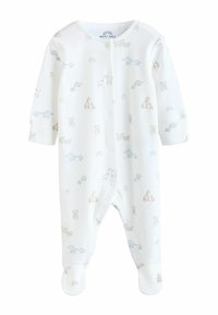 Biele detské body z mäkkej bavlny s farebnými zvieracími motívmi a dúhovými vzormi. Dlhé rukávy, patentky a dizajn so zakrytými chodidlami.
