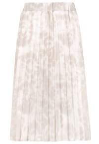 Faltrock in hellem Beige mit einer weichen, durchsichtigen Textur und abstraktem Batikmuster, ausgestattet mit einem elastischen Bund für einen bequemen Sitz.