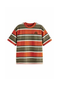 Striped t-shirt in orange, green, and white. Short sleeves, crew neck, and a small graphic of a gaming controller on the left chest. Cotton material.