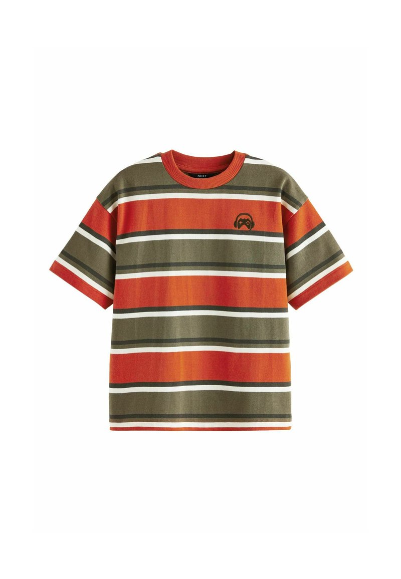 Striped t-shirt in orange, green, and white. Short sleeves, crew neck, and a small graphic of a gaming controller on the left chest. Cotton material.