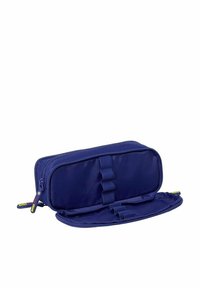 Granatowy prostokątny piórnik z zamkiem błyskawicznym, wewnętrznymi elastycznymi pętelkami do organizacji oraz gładką, trwałą tkaniną.