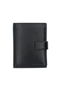 Czarny skórzany portfel z teksturowanym wykończeniem, składanym designem i zapięciem na guzik. Wyraźne logo wytłoczone z przodu.