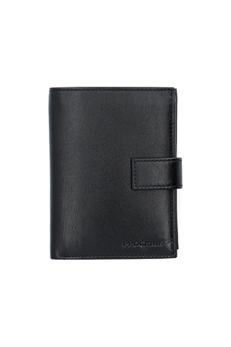 Czarny skórzany portfel z teksturowanym wykończeniem, składanym designem i zapięciem na guzik. Wyraźne logo wytłoczone z przodu.