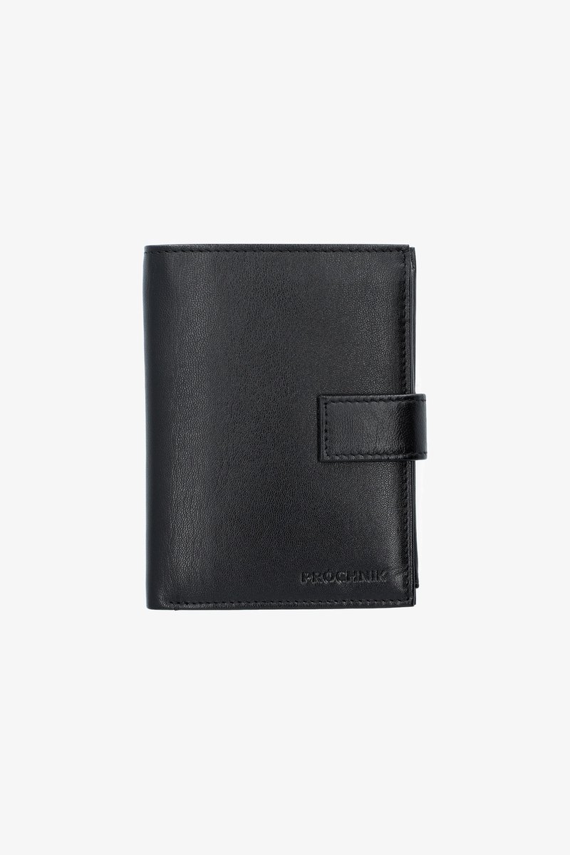 Czarny skórzany portfel z teksturowanym wykończeniem, składanym designem i zapięciem na guzik. Wyraźne logo wytłoczone z przodu.