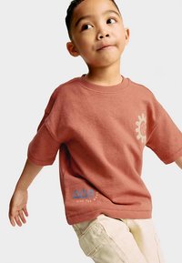 Kortärmad t-shirt i rostfärgad mjuk bomull med en solgrafik i ljus beige och blå bergsbroderi vid fållen.