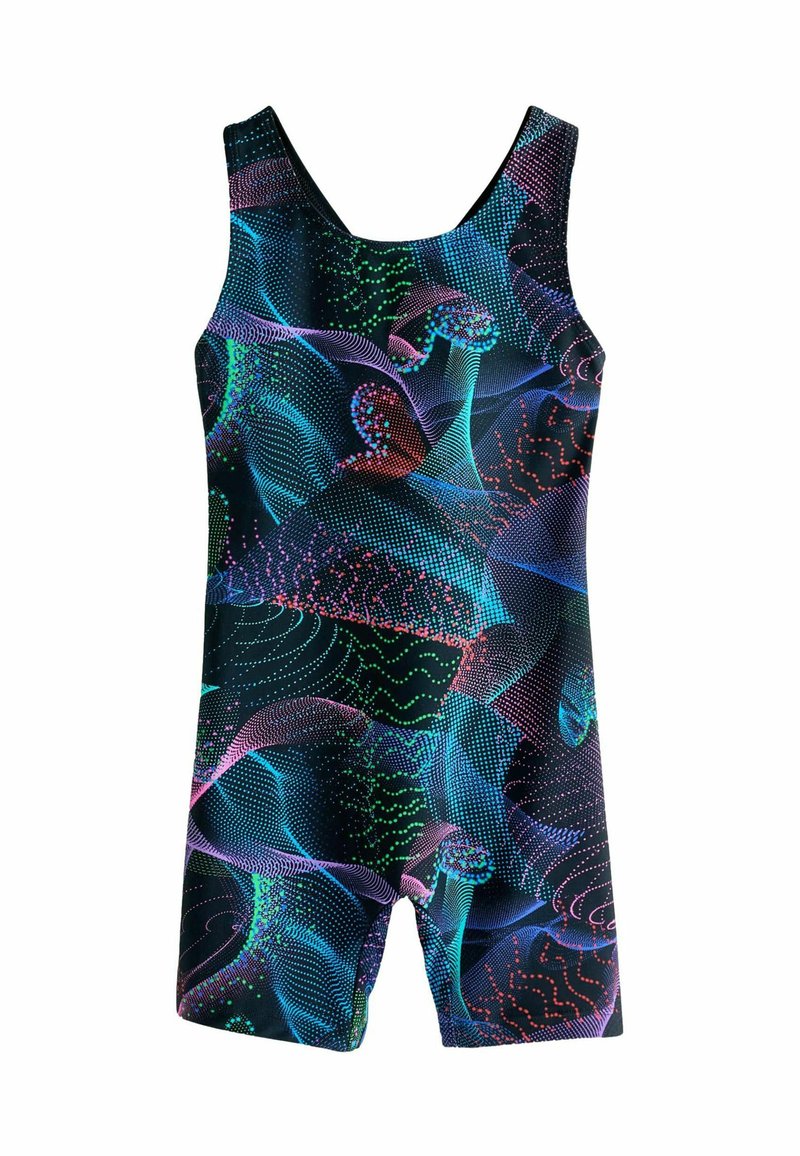 Costume intero da bagno con motivo astratto multicolore nei toni di blu, verde e rosa su sfondo nero. Tessuto liscio ed elastico.