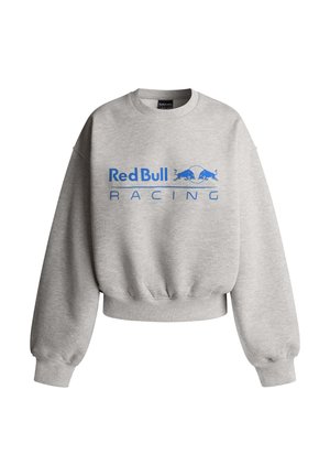 Grå sweatshirt lavet af bomuldsblanding; har ribbet kant og manchetter. På forsiden står der "Red Bull Racing" i blå tekst med logo.