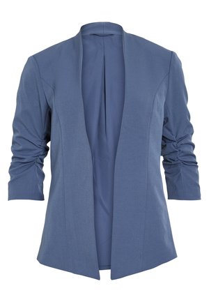 Blazer bleu léger avec un devant ouvert, doté de manches froncées, d'un léger éclat et d'une texture lisse. Coupe ajustée avec une forme moderne.