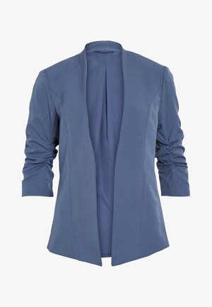 Blazer bleu léger avec un devant ouvert, doté de manches froncées, d'un léger éclat et d'une texture lisse. Coupe ajustée avec une forme moderne.