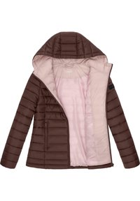Jacheta călduroasă de culoare maro, cu glugă, având o căptușeală interioară de un roz deschis, închidere cu fermoar și un buzunar lateral. Exterior texturat cu matlasare.