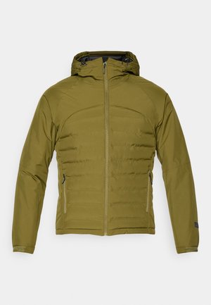 Olivgrüne isolierte Jacke mit Kapuze, ausgestattet mit einem durchgehenden Reißverschluss, seitlichen Reißverschlusstaschen und einer strukturierten Frontpaneel für Wärme.