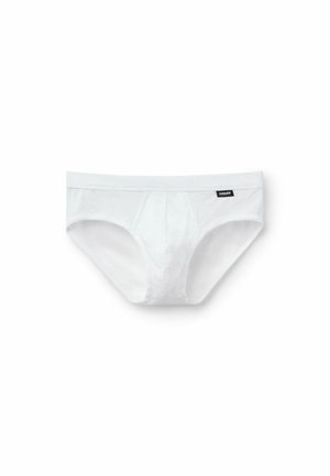 Bílé bavlněné slipy s elastickým pasem. Mají přední kapsu a ploché švy pro pohodlí, s minimalistickým designem.